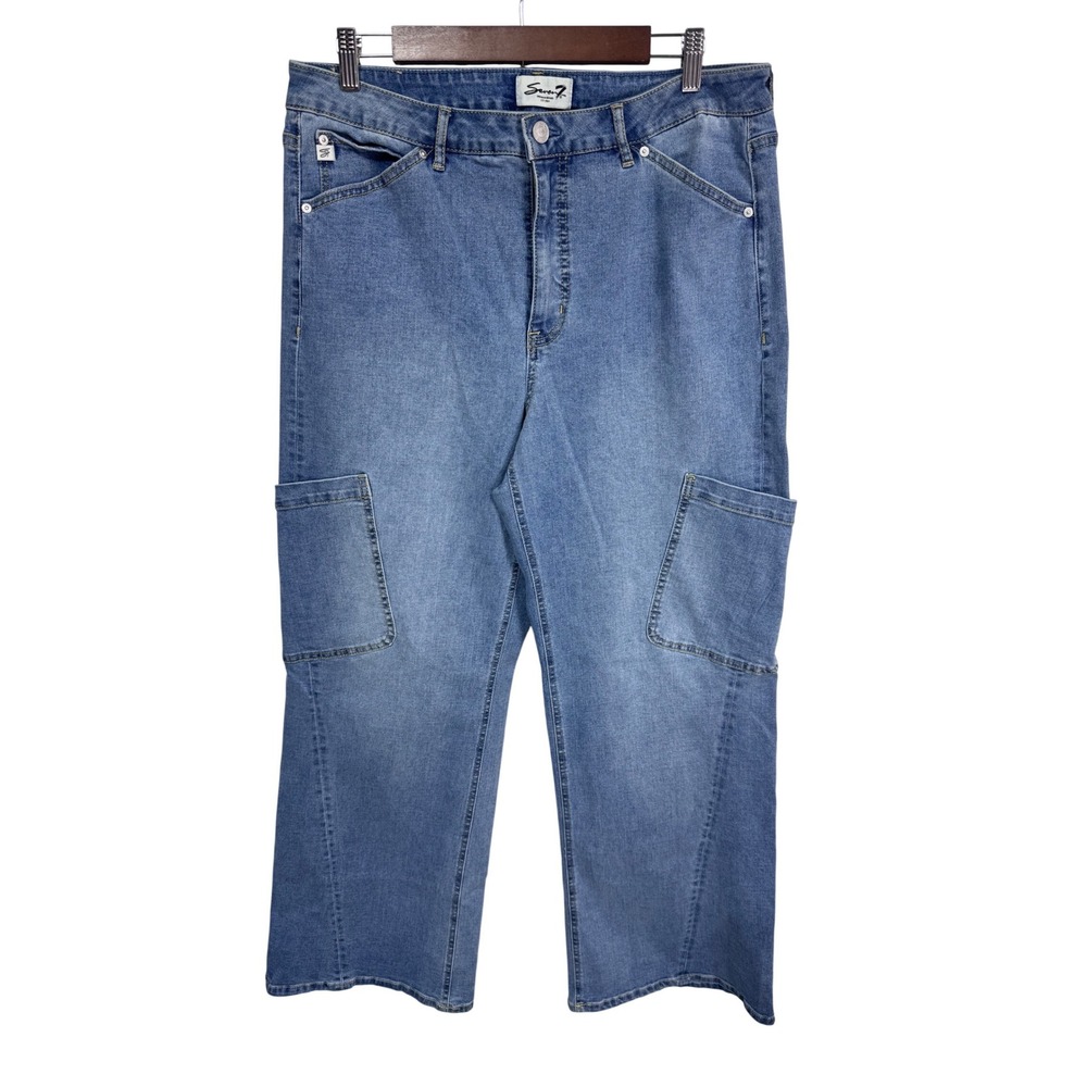 Seven7 Size 14 Wide Leg Cargo Jeans Y2K Utility Denim Light Wash Boho